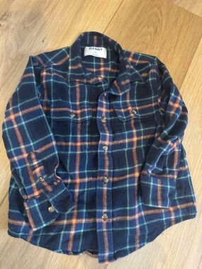 Old Navy Navy Plaid Shirt with Orange & Teal Stripes